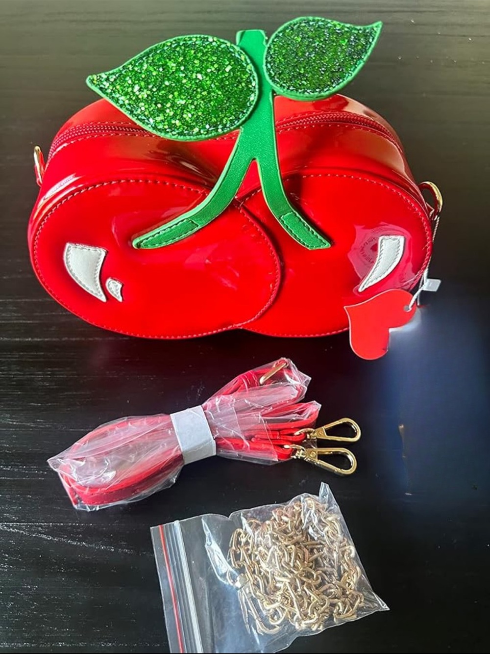 Red Cherry Crossbody Bag with Green Leaf Accent